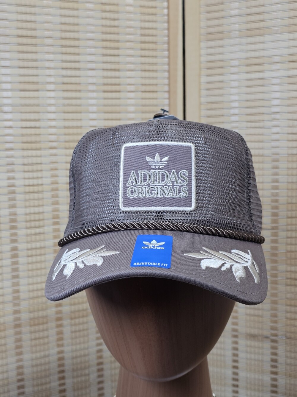 Adidas Originals Brown Mesh Trucker Hat Embroidered Leaf Rope One Size NWT